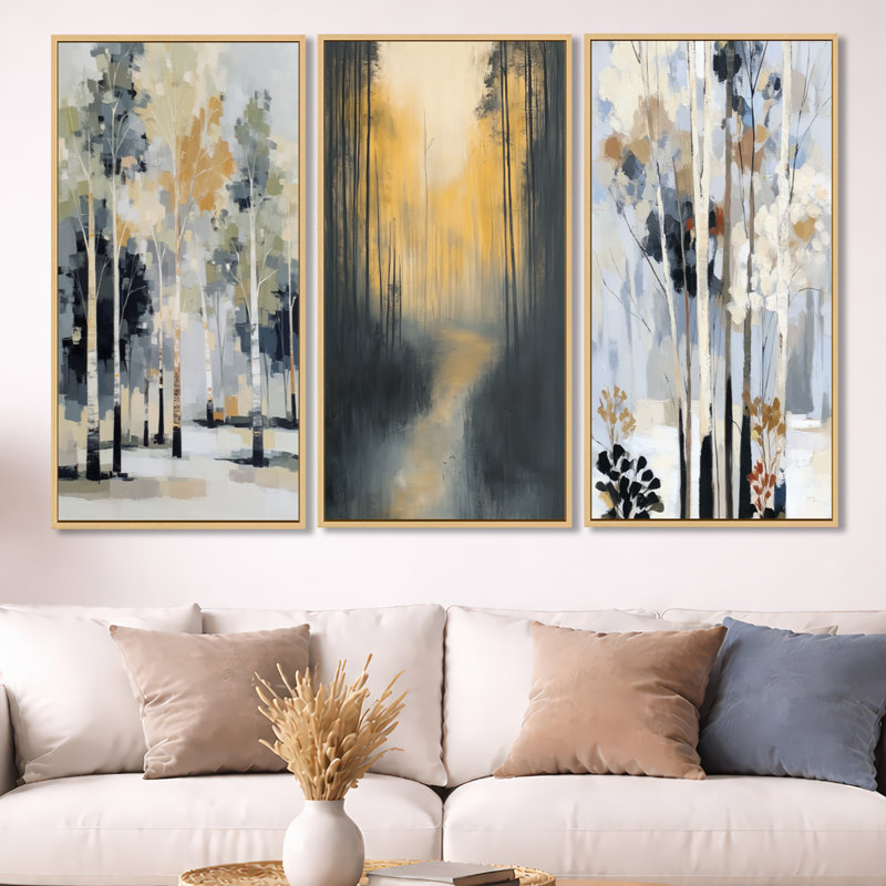 «White and Black Birch Trees Forest Panorama - Birch Trees», ensemble de 3 reproductions sur toile encadrées