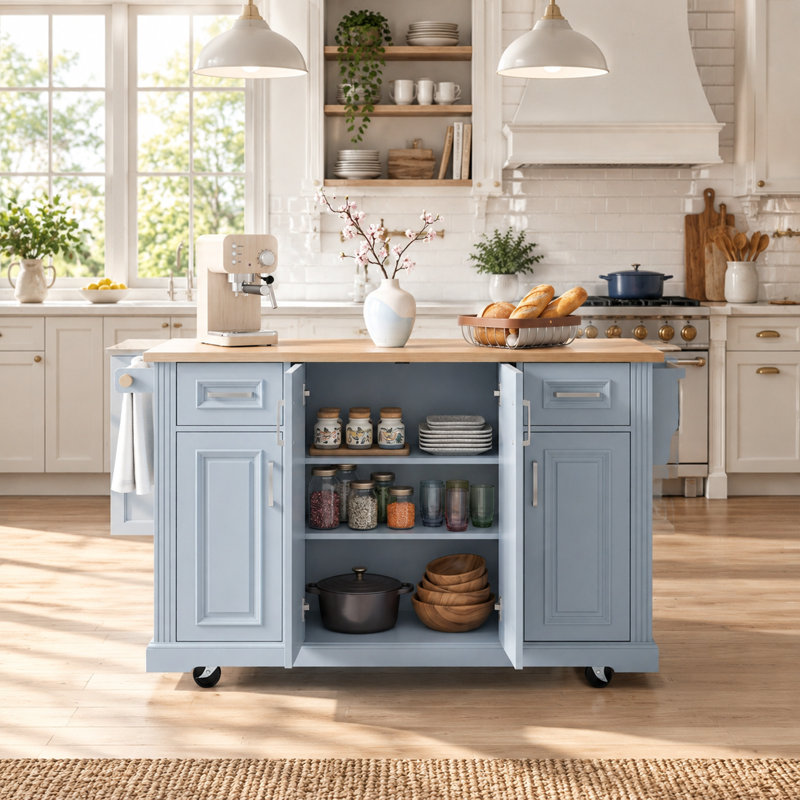 Îlot de cuisine de grande taille (54,1 pouces) avec abattant et tablettes ajustables, Blue Gray