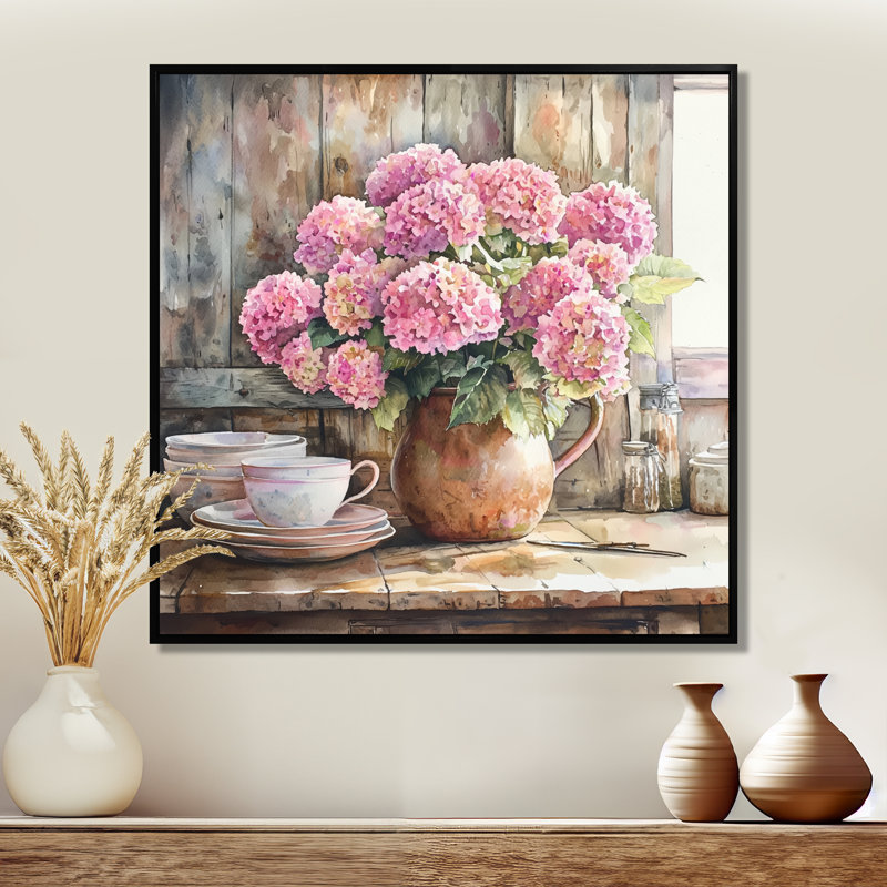 «Hydrangeas In The Farm Kitchen I - Hydrangea Large», art mural, Impression encadrée flottante, Noir, noir, noir, noir