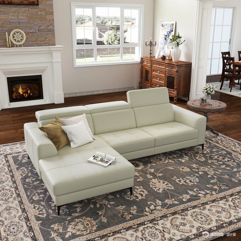 Ladonnia Gray Genuine Leather Sectional, L-Shaped Sofa with Adjustable Headrests,Leather Sofa with Left Hand Facing Chaise - Modern Classic Style