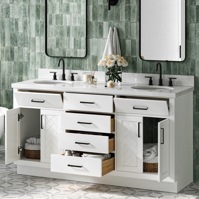 Chevron 67 Inch Double Oval Vanity Bathroom Vanity with Pure White Quartz Countertop 1.5 Inch in White