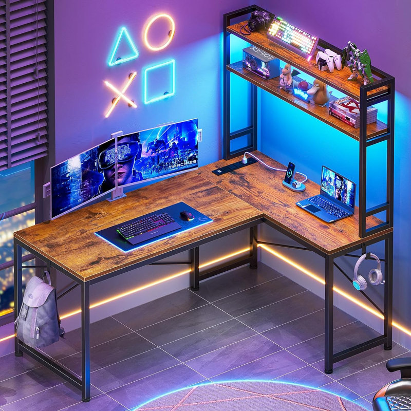 L Shaped Gaming Desk, Reversible 45.3 Small Corner Desk With Power Outlet And Led Lights, Brown/Black