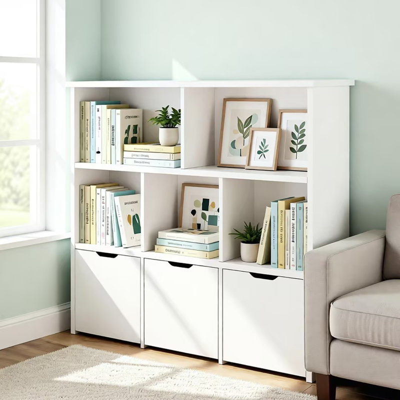 Bibliothèque de rangement avec 3 tiroirs et roulettes amovibles