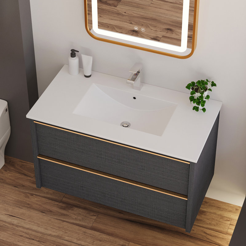 Meuble-lavabo flottant 36 po, meuble-lavabo moderne avec 2 tiroirs et poignées en métal, meuble-lavabo gris (gris avec lavabo, 36)