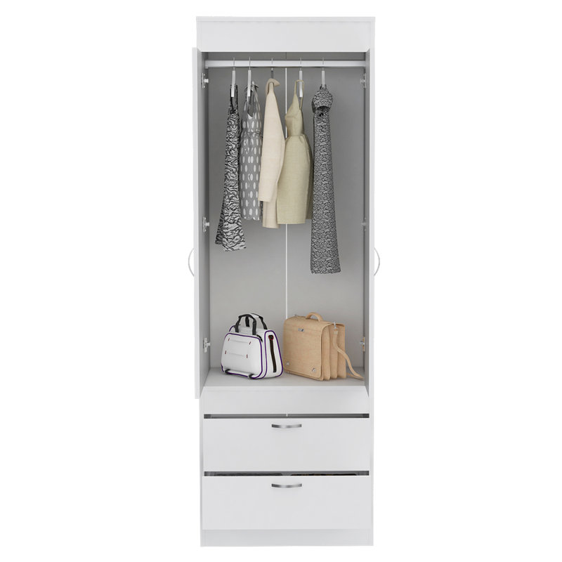 Armoire Lisboa, tringle, double porte, deux tiroirs, poignées en métal blanc