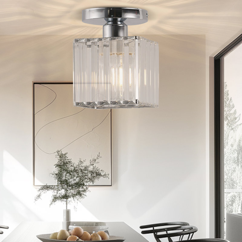 Zakiel Zakieltal 1-Light Modern Luxury Crystal Square Semi Flush Mount Ceiling Light, Chrome