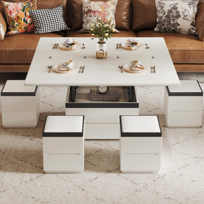 Modern Lift Top Coffee Table with 4 Stools,Extendable Centre Table for Living Room,Dining Room,Office