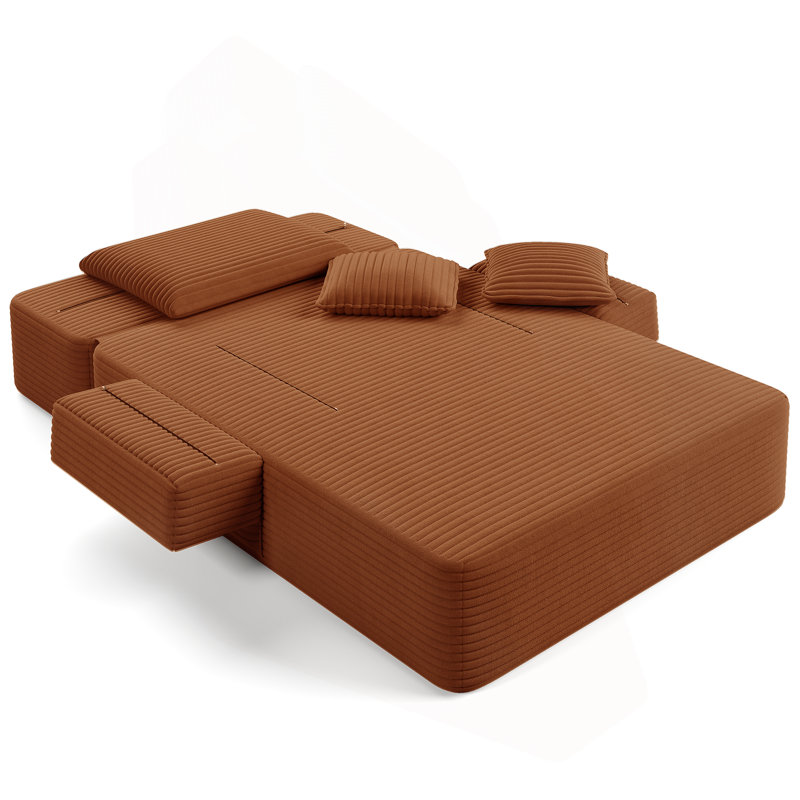 Chaise longue convertible en velours côtelé moelleux avec pochette de rangement, Orange