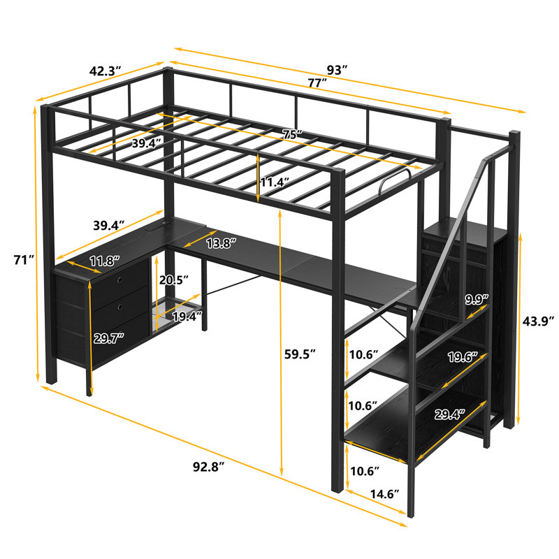Kids Loft Bed with Charging Station and LED Lights,Loft Bed with Built-in Desk and Bookcase,Storage,Twin Size