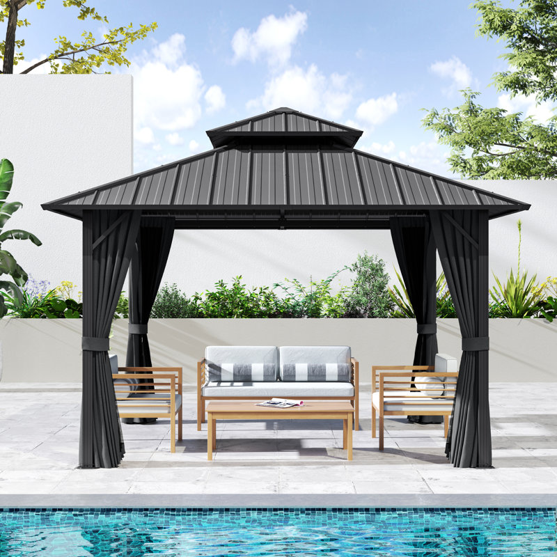 Double Roof Hardtop Metal Patio Gazebo with Curtains and Netting, Gray, Gray, 77.4"H x 122.4"W x 122.4"D
