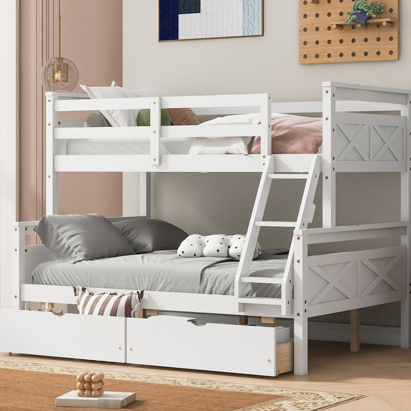 Lit superposé simple au-dessus d'un lit double blanc avec 2 tiroirs de rangement sécurisés, stabilité et durabilité -, Blanc