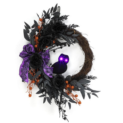 Couronne d'Halloween 22 pouces avec hibou et yeux en DEL et base en rotin