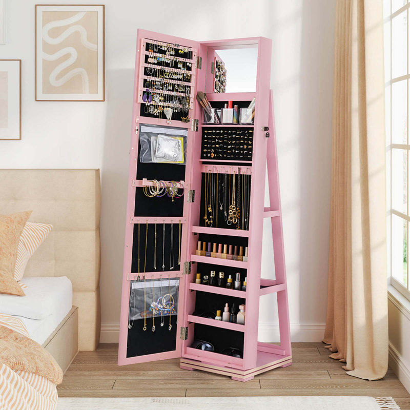Armoire à bijoux pivotante 360 ° 2-en-1 verrouillable en miroir , Rose