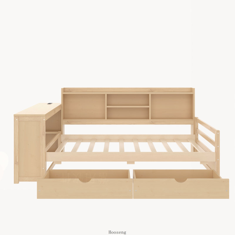 Lit de jour simple en bois massif de style scandinave pour enfants, tiroirs de rangement, bureau, port de charge et bibliothèque, naturel