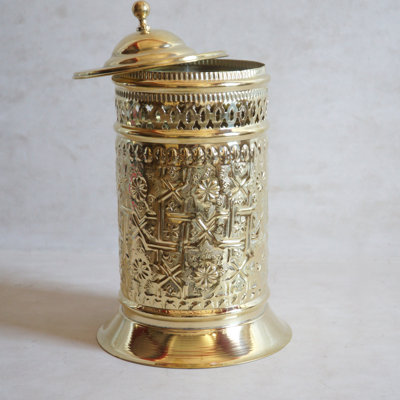 Ornate Engraved Brass Lidded Wastebasket