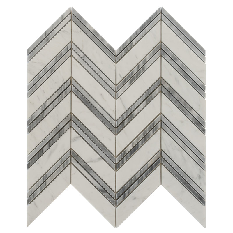 11" X 11.8" Herringbone Marble Polished Tile, Gray/White