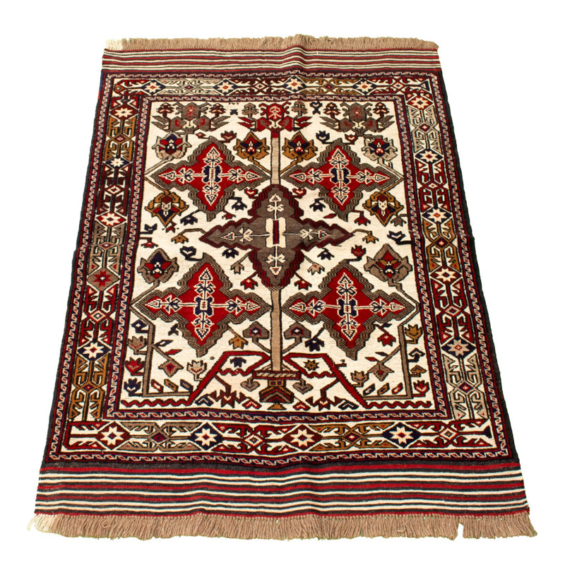 Tapis rouge / ivoire en laine noué à la main de conception unique 4 pi 1 po x 6 pi New Age Gwendlyon