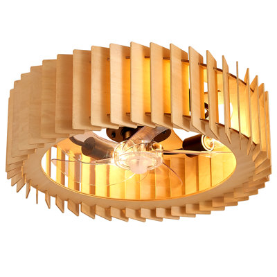 19 in. 4-Light Natural Wood Flush Mount Ceiling Fan with Light, 5-Blade Rustic Fandelier with Remote Control E26 Base