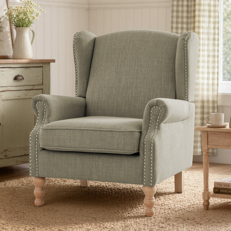 Chloris Extra Wide Wingback Accent Chair, Mid-Century Modern Linen Upholstered Armchair with Nailhead Rivet Trim, Solid Turned Wood Legs, Farmhouse Reading Chair for Living Room Bedroom