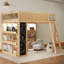 Lit mezzanine en bois pleine grandeur avec lumières DEL, panneau noir, tablettes et garde-corps, naturel-1693615424-1693615425