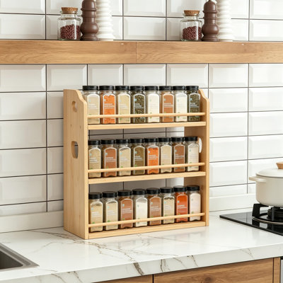 Étagère à épices en bambou à 3 niveaux avec poignées, étagère à épices murale ou de comptoir pour la cuisine, support à épices robuste, pots non inclus