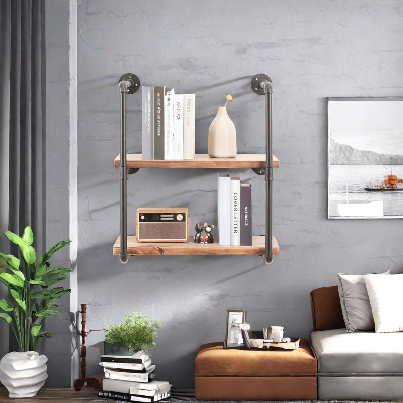 Industrial Retro Pipe Shelf 24In 2 Tier Wall Mounted,Rustic Floating Shelves,Farmhouse Kitchen Bar Shelving,Home Decor Book Shelves,DIY Bookshelf Hanging Wall Shelves