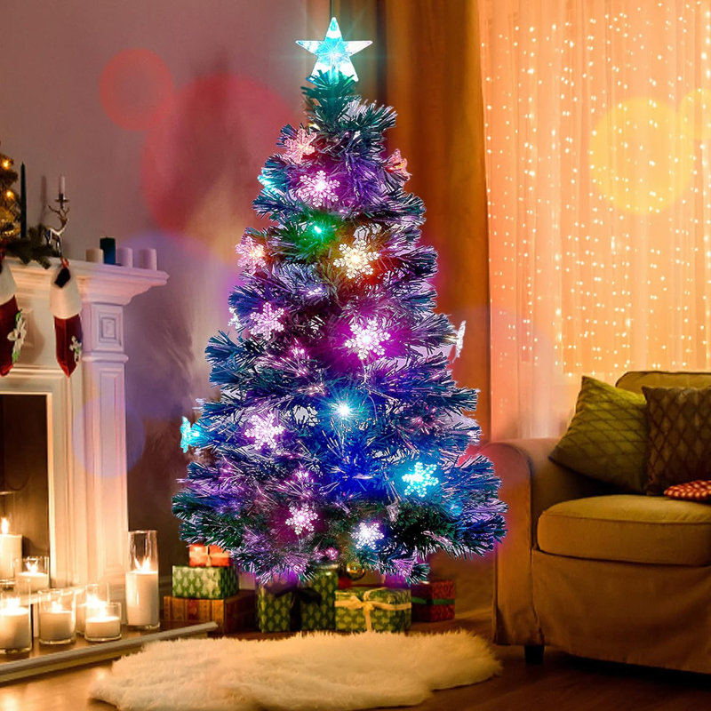 Arbre de Noël artificiel, arbres de Noël en fibre optique pré-éclairés avec lumières DEL multicolores, flocons de neige et étoile supérieure, arbre de Noël illuminé