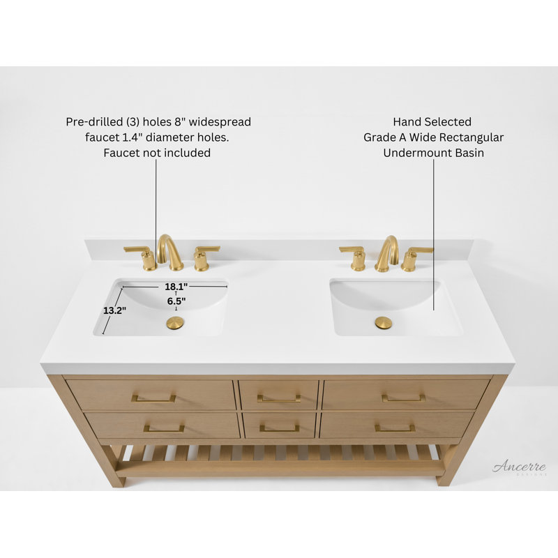 Elizabeth 60'' W Vanity, Oak/Rose Gold, Pure White Quartz