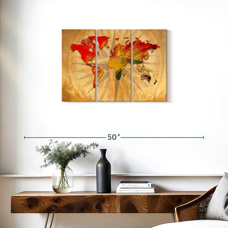 «World Map Old Compass World Map», reproduction sur toile 3 pièces par Tess P, H 20 po x l 33 po x P 1,25 po