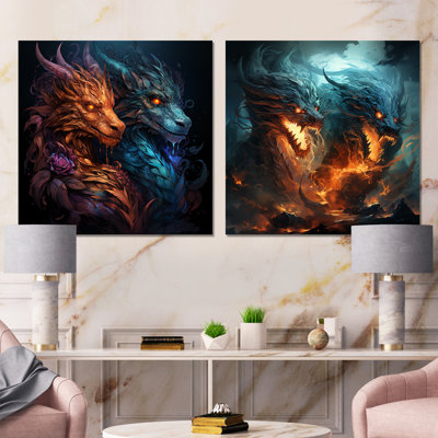 Fire Breathing Dragons Lair I - Dragons Metal Wall Decor Square Set Of 2