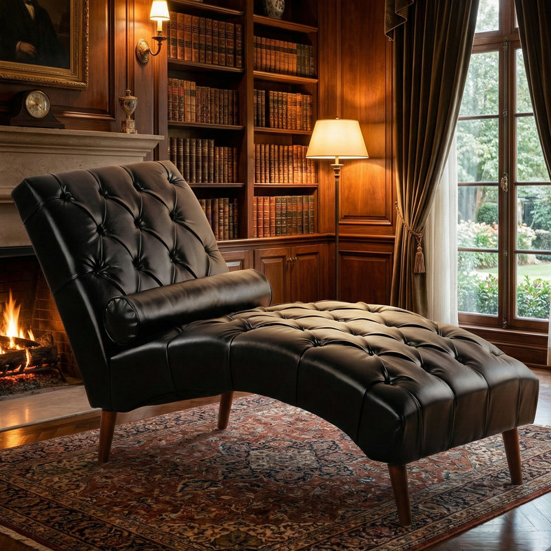Chaise longue rembourrée 60 po avec coussin roulé, Noir