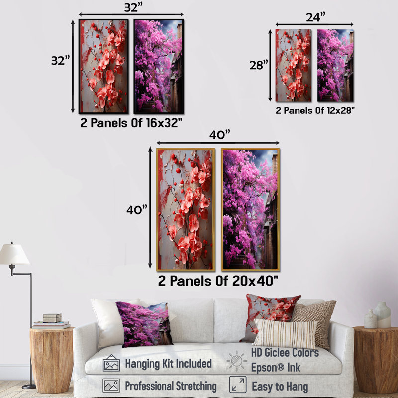 Ensemble de 2 impressions murales roses sur fond de konini fuchsia II - fuchsia, Cadre flottant blanc, H 32 po x l 33 po