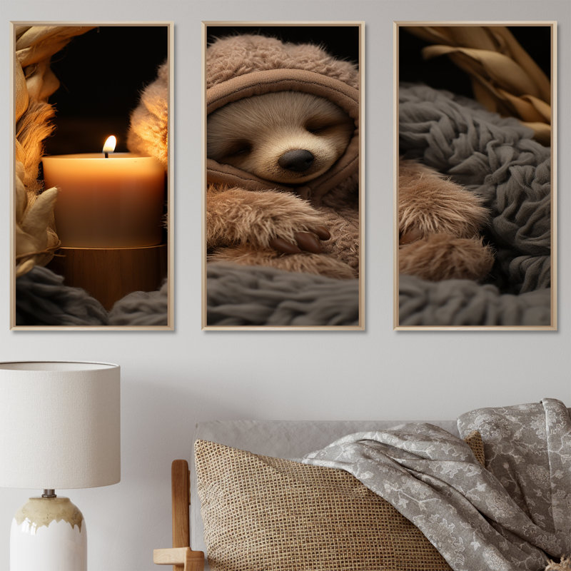 «Brown Sloth Serenity Sleep» - art mural paresseux, Cadre flottant brun, H 32 po x l 48 po