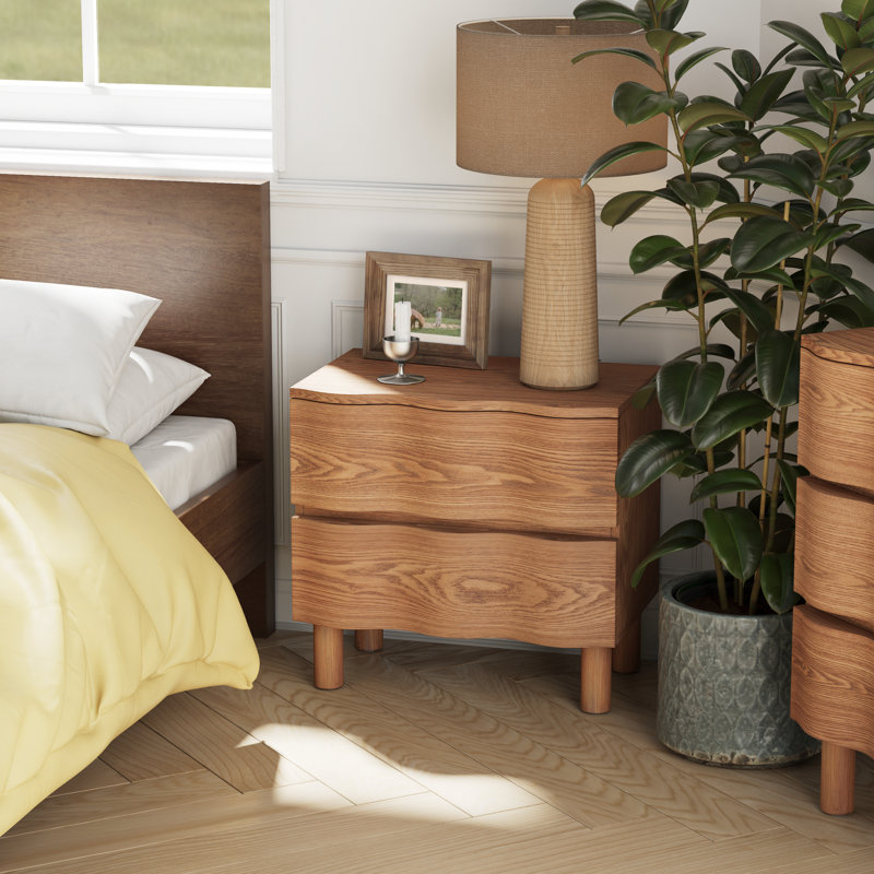 Farmhouse 2-Drawer Nightstand With Wave Design Front In Brown, Brown