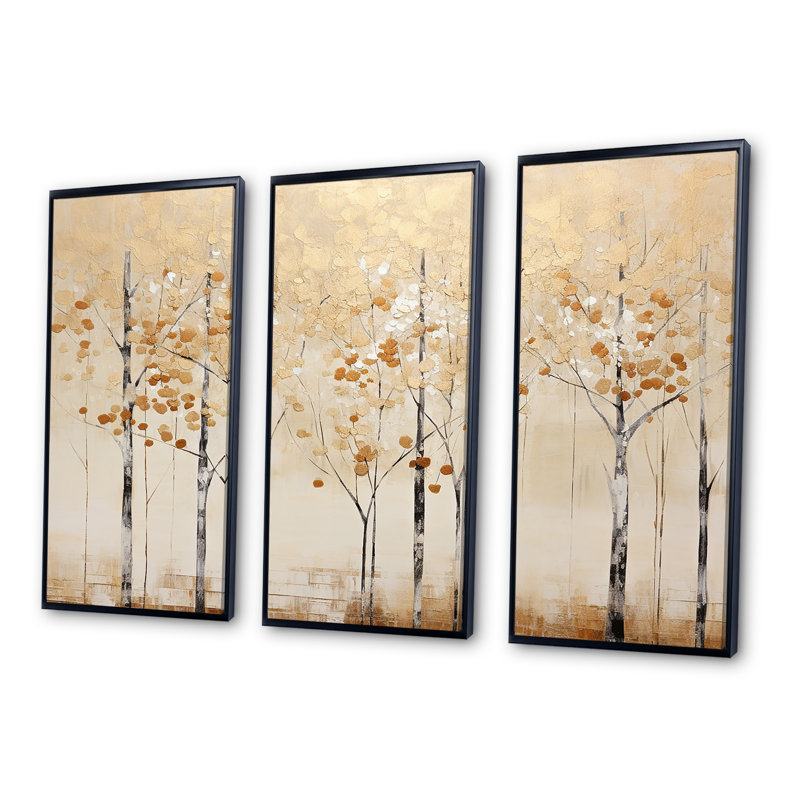 Minimalisme Golden Trees Harmony I - ensemble de reproduction d'art mural arbre, Cadre flottant noir