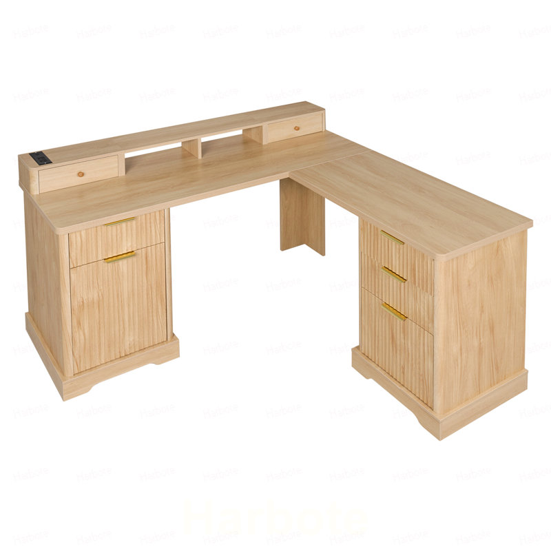 Bureau en L 59 po cannelé avec station de charge et armoire de rangement 59 po Modern