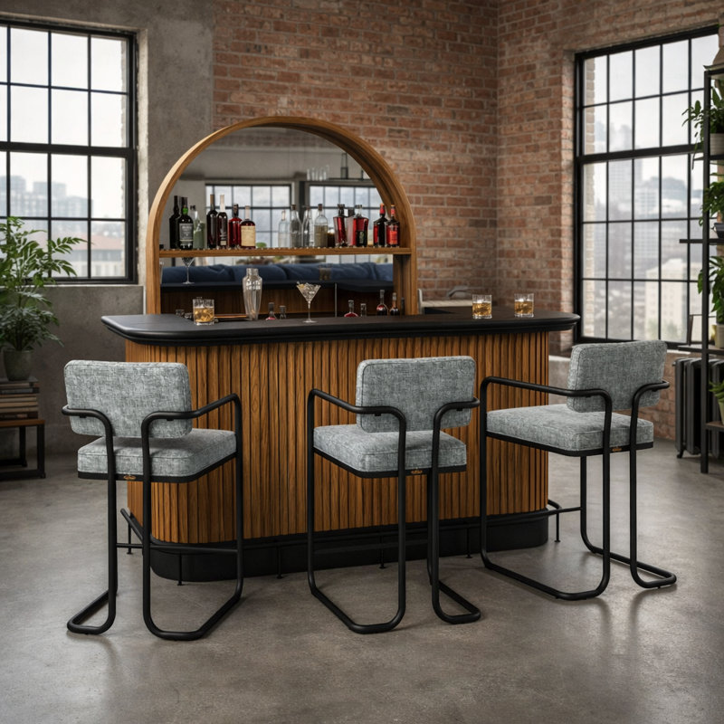 Prohibition Series 84" Cocktail Bar  With Foot Rail and Prohibition Back Bar By RAM Game Room, Walnut