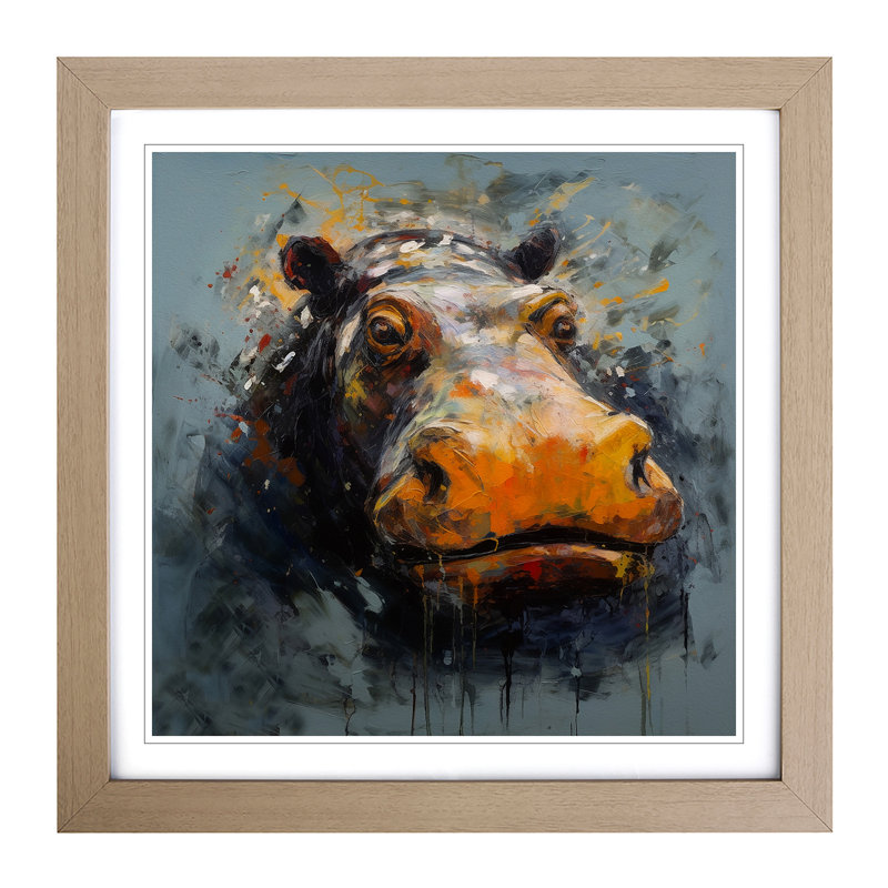 Hippo Expressionism - Single Picture Frame Print on Wood, Oak