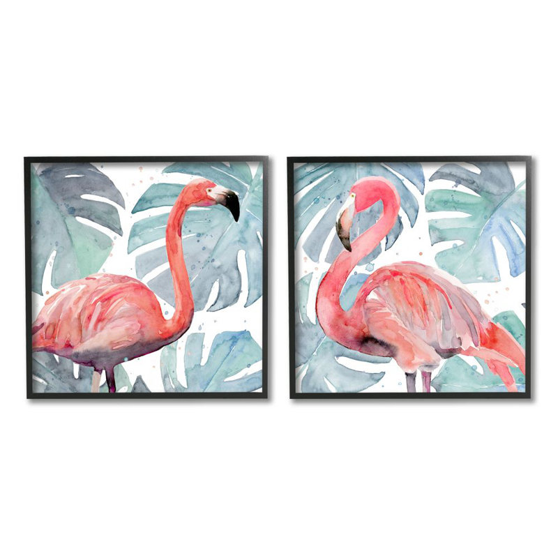 "Flamingos tropicaux avec des plantes vertes" par Annie Warren, ensemble de 2 reproductions d’art graphique sur toile