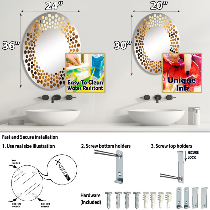 Miroir mural rond, Jaune, 35,4 po x 23,6 po