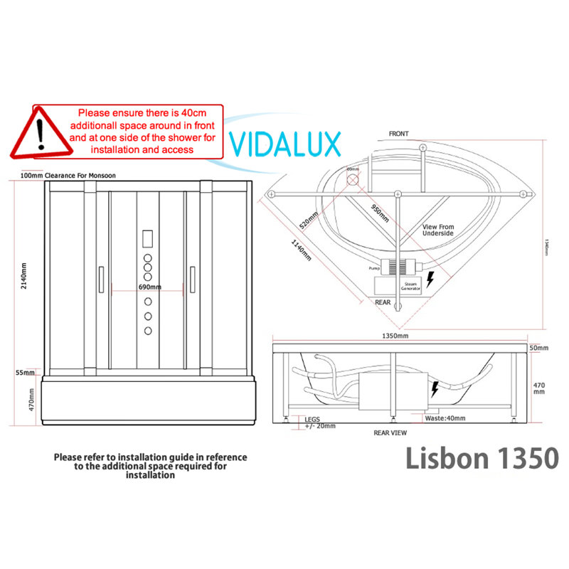 Vidalux Lisbon 1350 Steam Shower Whirlpool 1350 x 1350, White