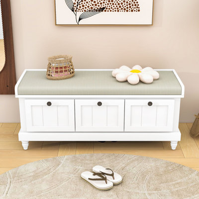 Fluted Entryway Bench with Cushion, 3 Storage Drawers and Hidden Compartment