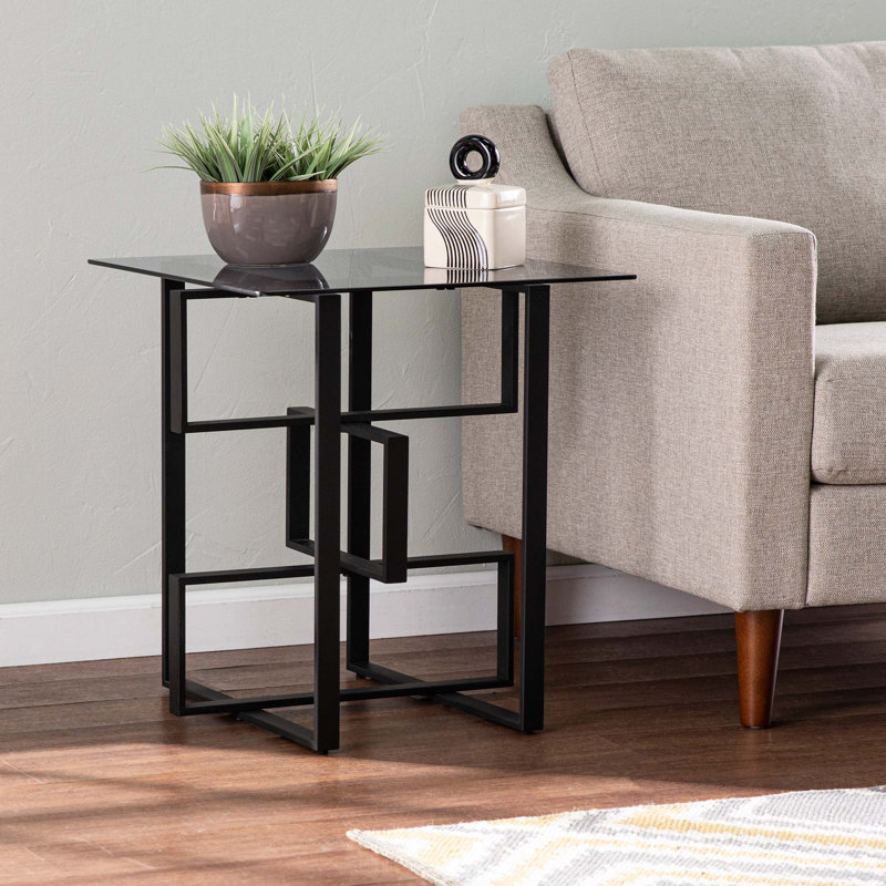 Table d'appoint carrée avec plateau en verre trempé et base en métal