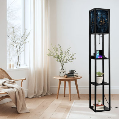 Dimmable LED Standing Floor Lamp Gothic Haunted Castle Under Moonlight Forest Lanterns Moody Night, MDF Frame Floor Lamp with Remote Control, 3 Color Light, for Living Room Bedroom