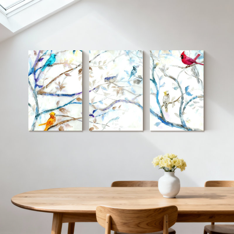 «Birds Colorful Birds On Branches», ensemble de 3 impressions sur toile, H 18 po x l 36 po