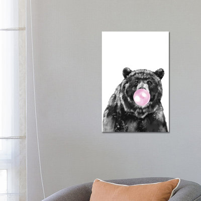 Big Bear Blowing Bubble Gum In Black And White by Big Nose Work - Wrapped Canvas Print