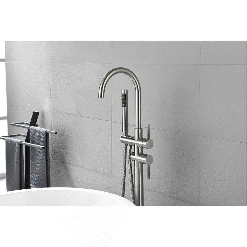 Floor Mounted Tub Faucet High Flow Freestanding Tub Filler Faucet with Handheld Shower Head and Swivel Spout