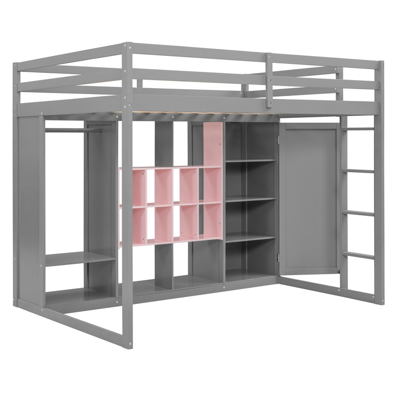 Full Size Wooden Loft Bed with Wardrobe, Shelves & Cabinet – Space-Saving Kids & Teen Bedroom Furniture, Gray+Pink, Gray/Pink