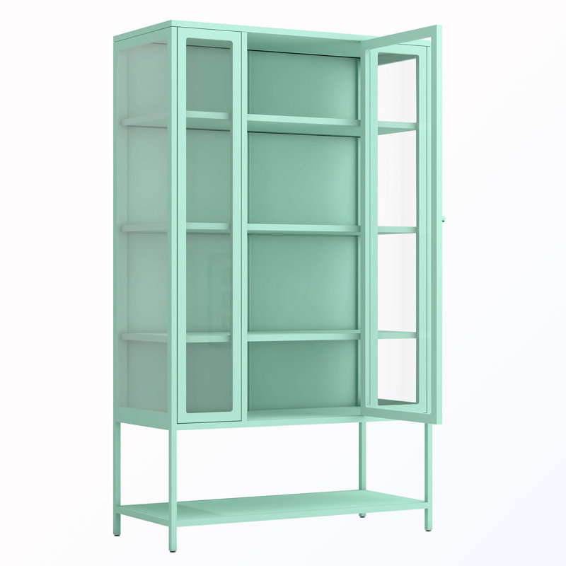 Display Cabinet with Glass Door and LED Lights, Cyan