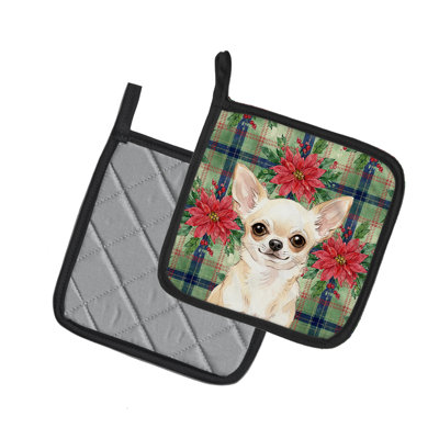 Paire de porte-casseroles crème en chihuahua de Noël poinsettas